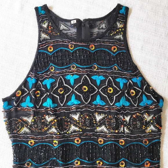 Women's Vintage Formal Top Zip Back Lace Black Turquoise Size Small - Picture 1 of 5